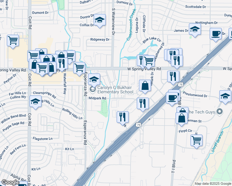 map of restaurants, bars, coffee shops, grocery stores, and more near 8545 Midpark Road in Dallas