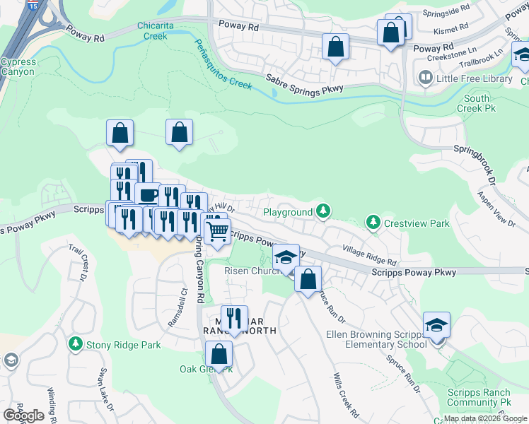 map of restaurants, bars, coffee shops, grocery stores, and more near 10960 Ivy Hill Drive in San Diego