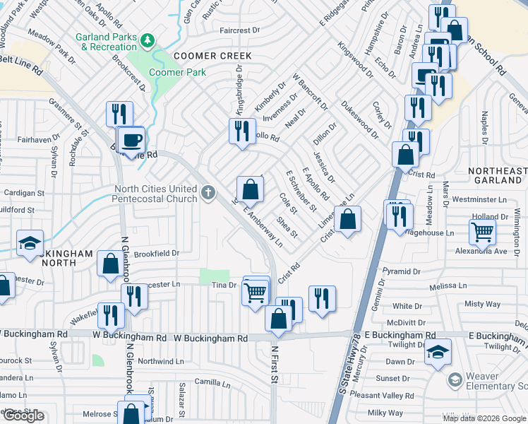 map of restaurants, bars, coffee shops, grocery stores, and more near in Garland