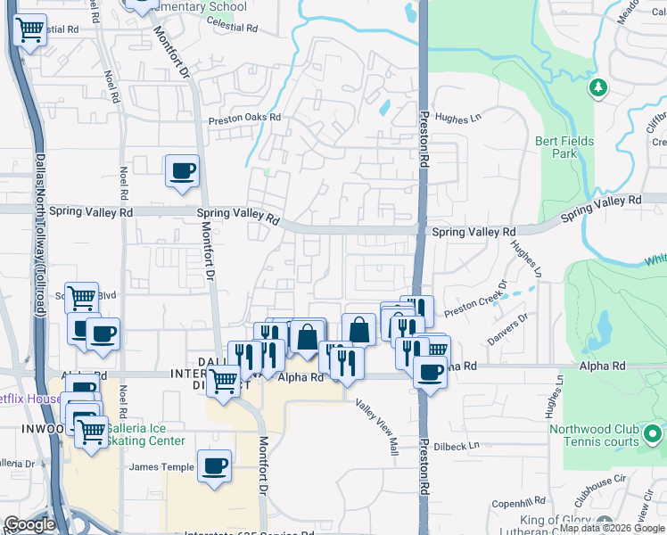 map of restaurants, bars, coffee shops, grocery stores, and more near 5704 Spring Valley Road in Dallas