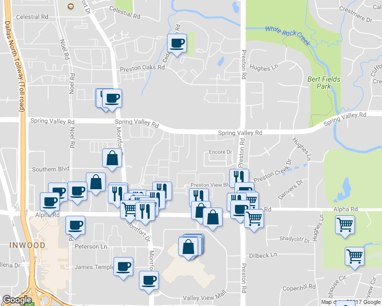 map of restaurants, bars, coffee shops, grocery stores, and more near 5704 Spring Valley Road in Dallas