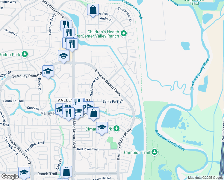 map of restaurants, bars, coffee shops, grocery stores, and more near 9519 Valley Ranch Parkway East in Irving