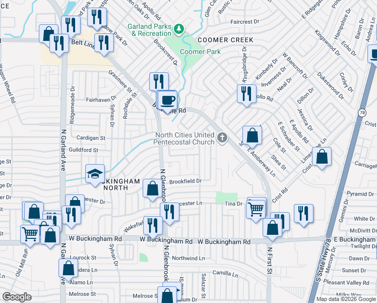 map of restaurants, bars, coffee shops, grocery stores, and more near 613 Royal Oaks Drive in Garland