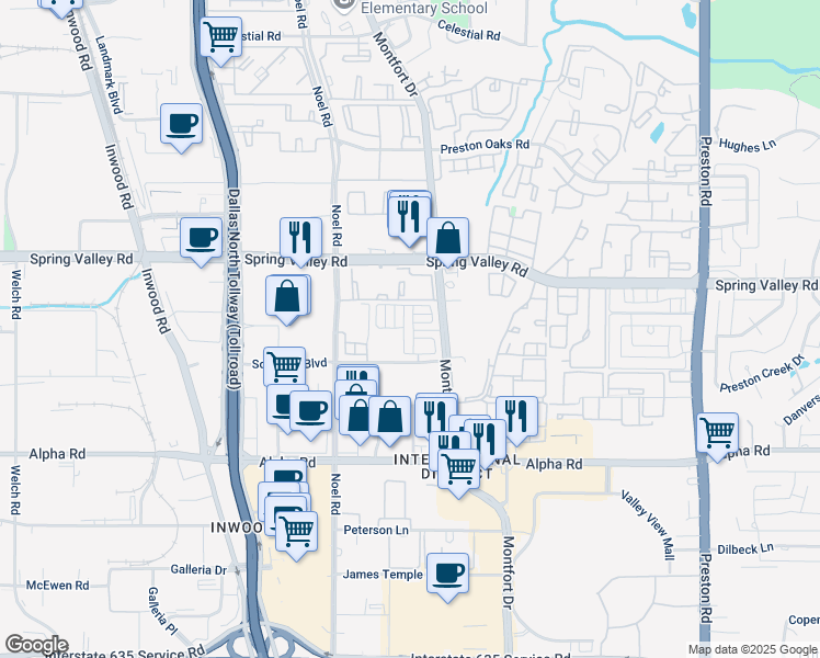 map of restaurants, bars, coffee shops, grocery stores, and more near 13907 Montfort Drive in Dallas