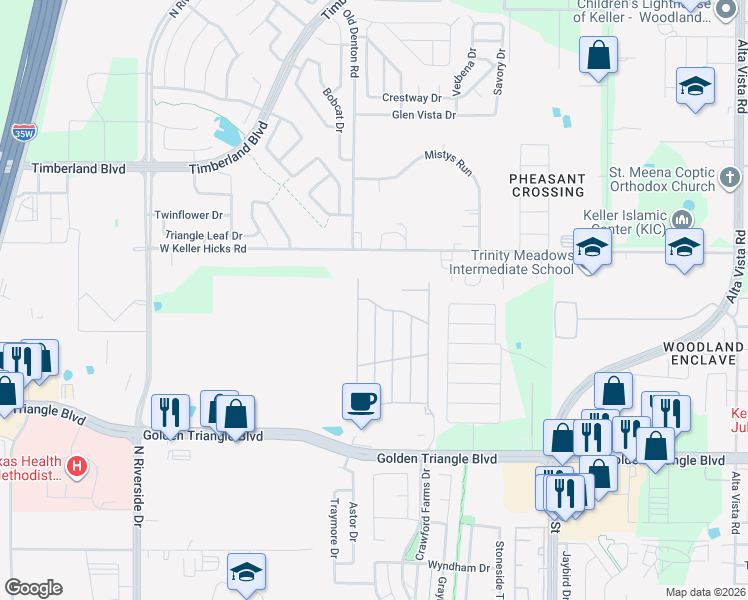 map of restaurants, bars, coffee shops, grocery stores, and more near 11066 Peninsula Lane in Fort Worth