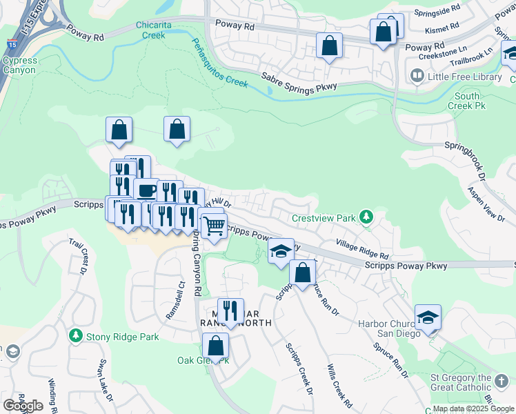 map of restaurants, bars, coffee shops, grocery stores, and more near 10960 Ivy Hill Drive in San Diego