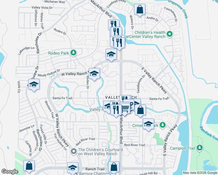map of restaurants, bars, coffee shops, grocery stores, and more near 9416 Ruidosa Trail in Irving