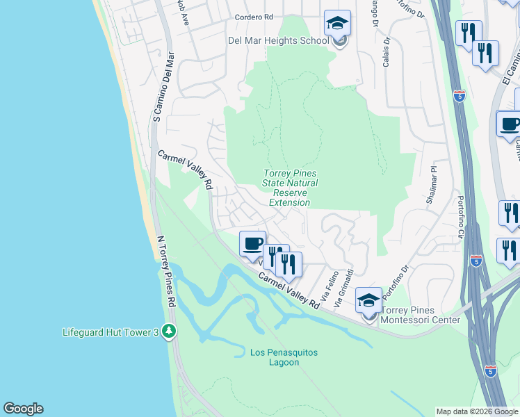 map of restaurants, bars, coffee shops, grocery stores, and more near 13056 Caminito Mar Villa in Del Mar