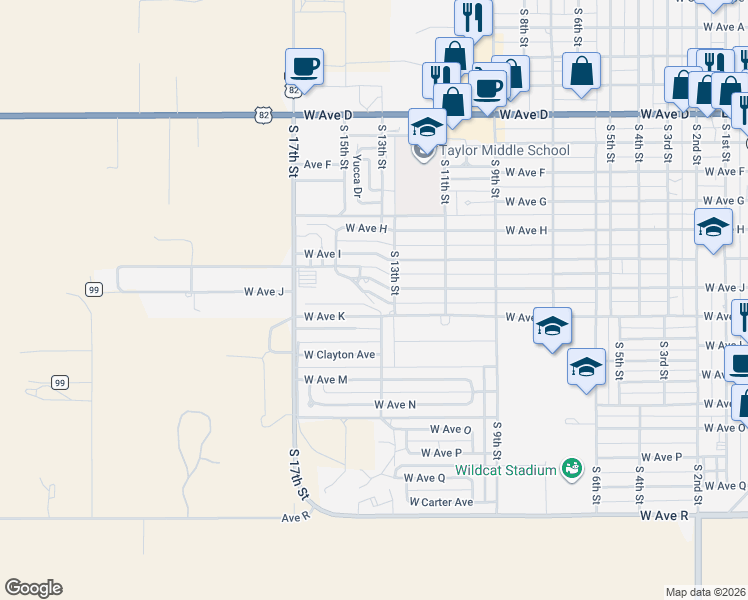 map of restaurants, bars, coffee shops, grocery stores, and more near 13th Street in Lovington