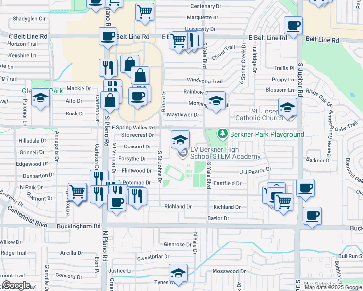 map of restaurants, bars, coffee shops, grocery stores, and more near 1600 East Spring Valley Road in Richardson
