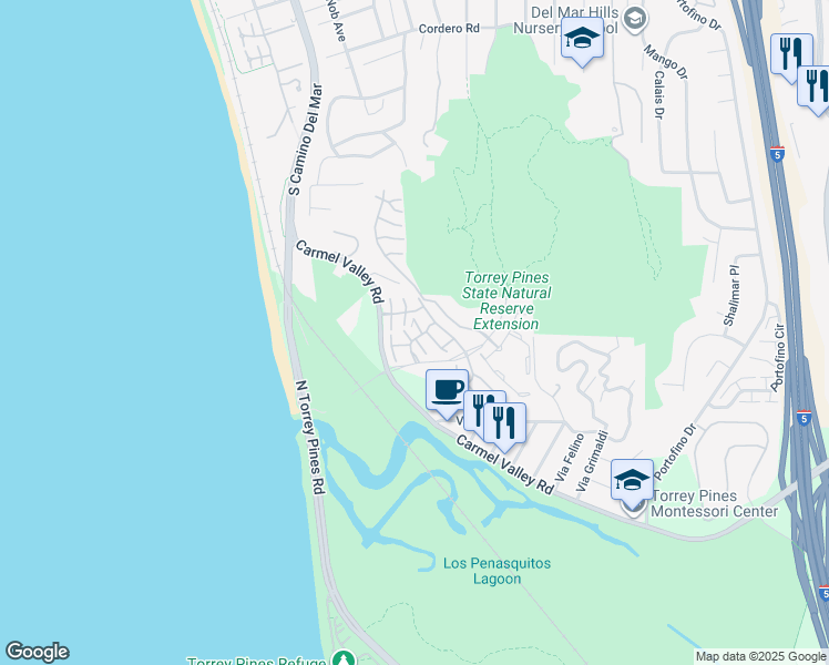 map of restaurants, bars, coffee shops, grocery stores, and more near 13055 Caminito del Rocio in Del Mar
