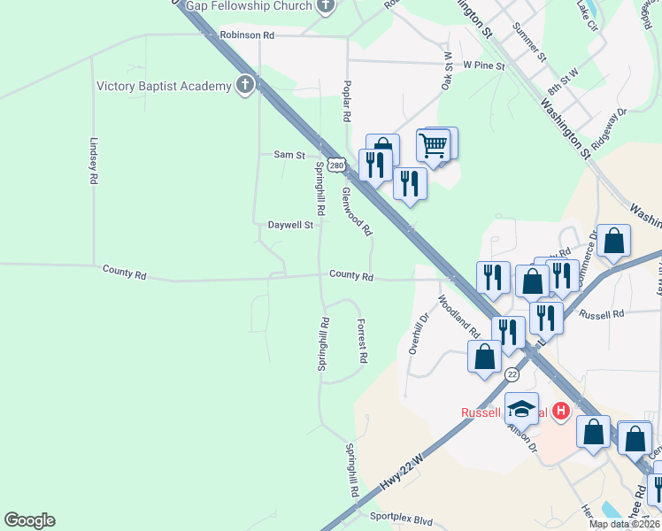 map of restaurants, bars, coffee shops, grocery stores, and more near 1988 County Road in Alexander City