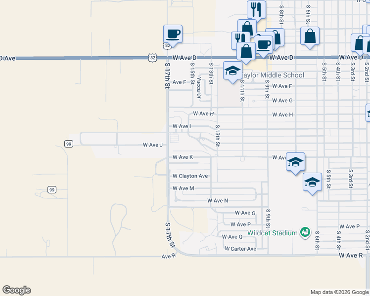 map of restaurants, bars, coffee shops, grocery stores, and more near West Avenue K in Lovington