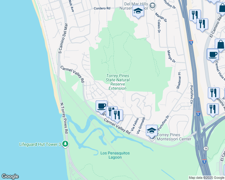 map of restaurants, bars, coffee shops, grocery stores, and more near 13011 Caminito Mar Villa in Del Mar