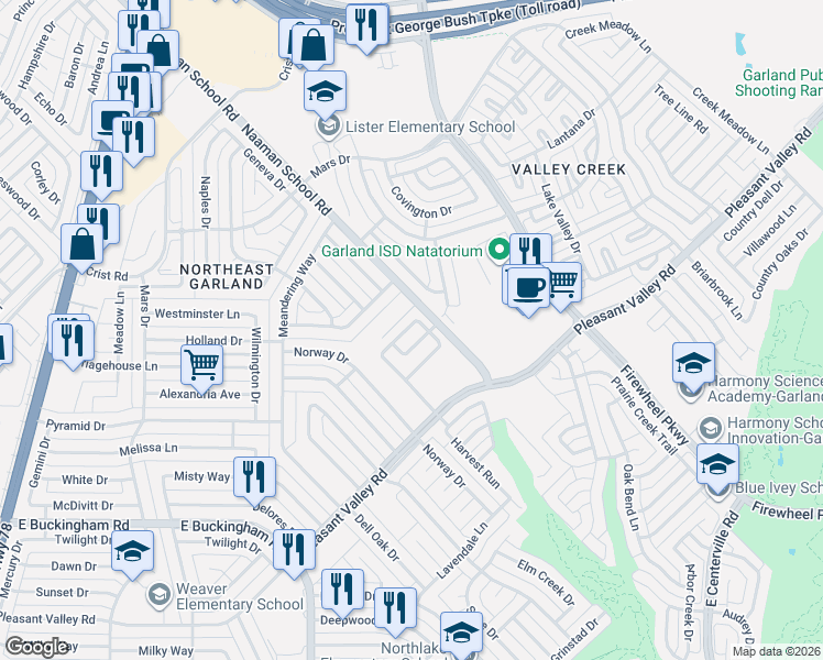map of restaurants, bars, coffee shops, grocery stores, and more near 2521 Shalimar Drive in Garland