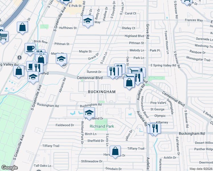 map of restaurants, bars, coffee shops, grocery stores, and more near in Richardson