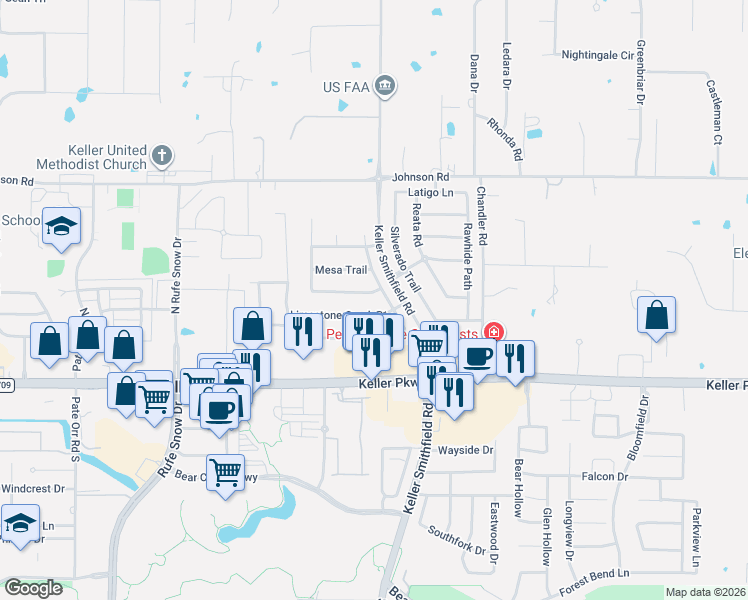 map of restaurants, bars, coffee shops, grocery stores, and more near 1311 Limestone Creek Drive in Keller