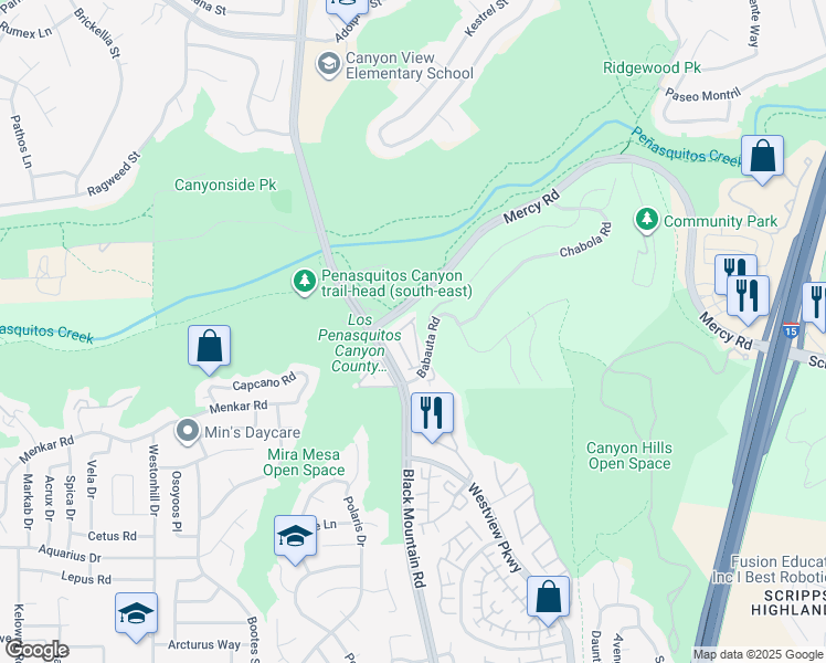 map of restaurants, bars, coffee shops, grocery stores, and more near 9368 Babauta Road in San Diego