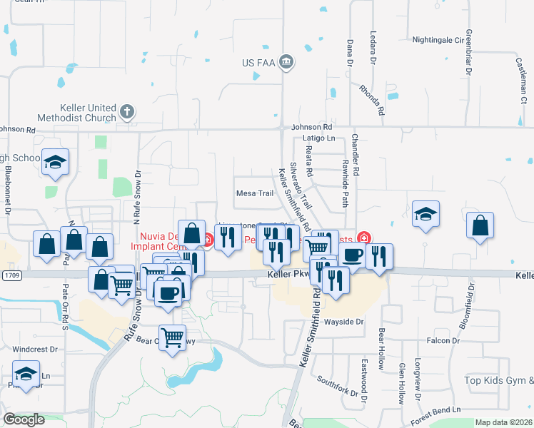 map of restaurants, bars, coffee shops, grocery stores, and more near 1304 Clear Springs Drive in Keller