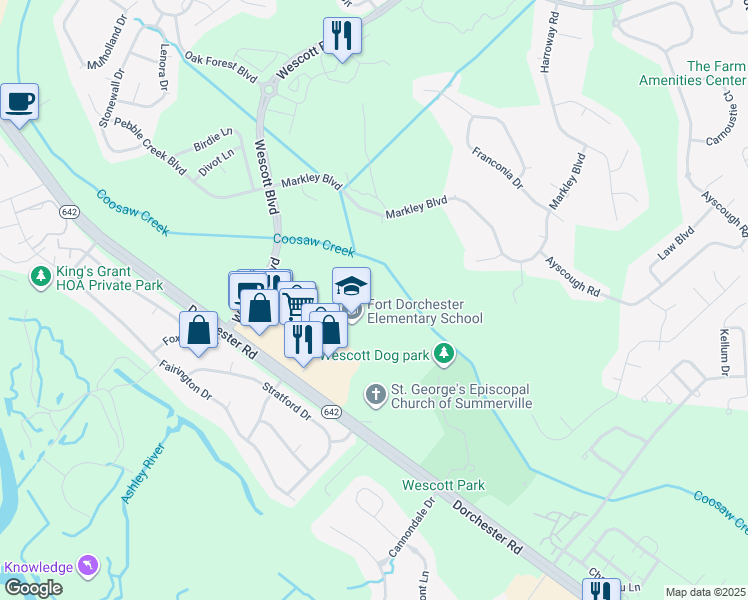 map of restaurants, bars, coffee shops, grocery stores, and more near 5201 Old Glory Lane in Summerville