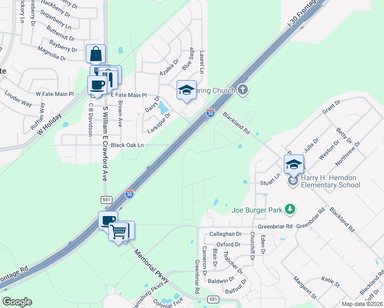 map of restaurants, bars, coffee shops, grocery stores, and more near Interstate 30 Frontage Road in Royse City