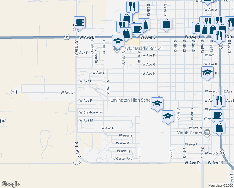 map of restaurants, bars, coffee shops, grocery stores, and more near 1206 West Ave K in Lovington