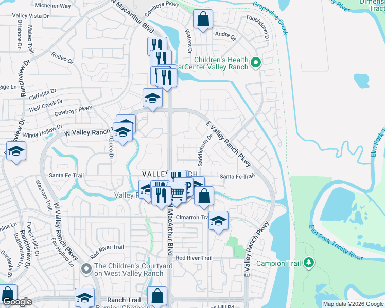 map of restaurants, bars, coffee shops, grocery stores, and more near 900 Silverstone Lane in Irving