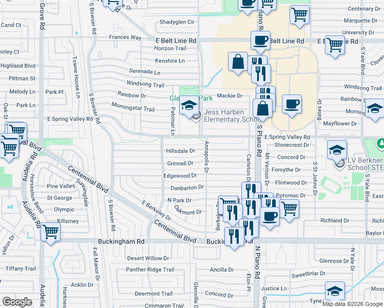 map of restaurants, bars, coffee shops, grocery stores, and more near 1205 Grinnell Drive in Richardson