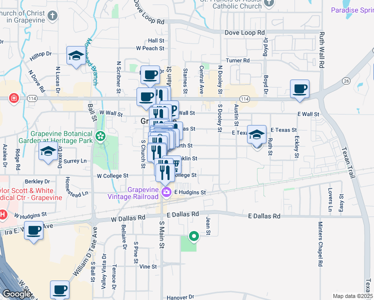 map of restaurants, bars, coffee shops, grocery stores, and more near 313 East Franklin Street in Grapevine