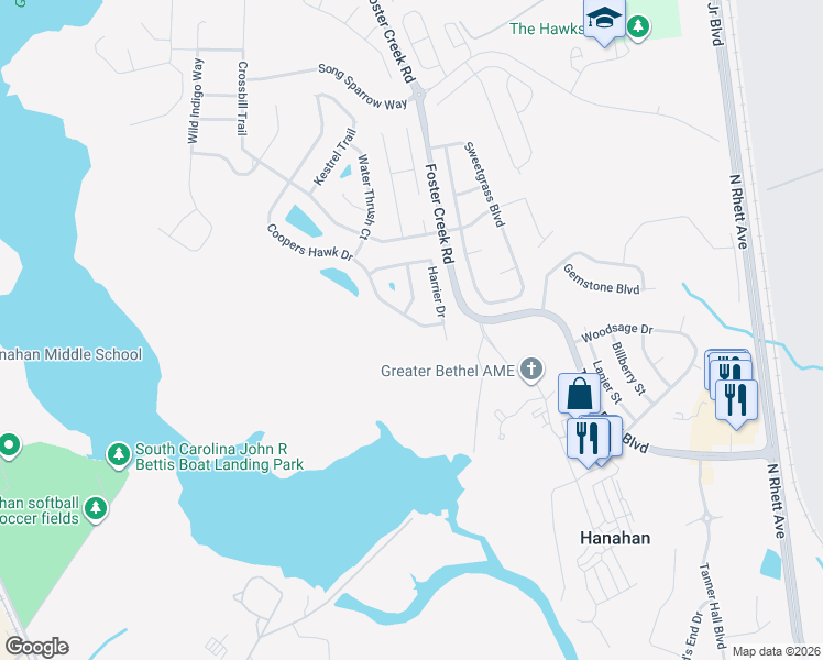 map of restaurants, bars, coffee shops, grocery stores, and more near 1409 Coopers Hawk Drive in Hanahan