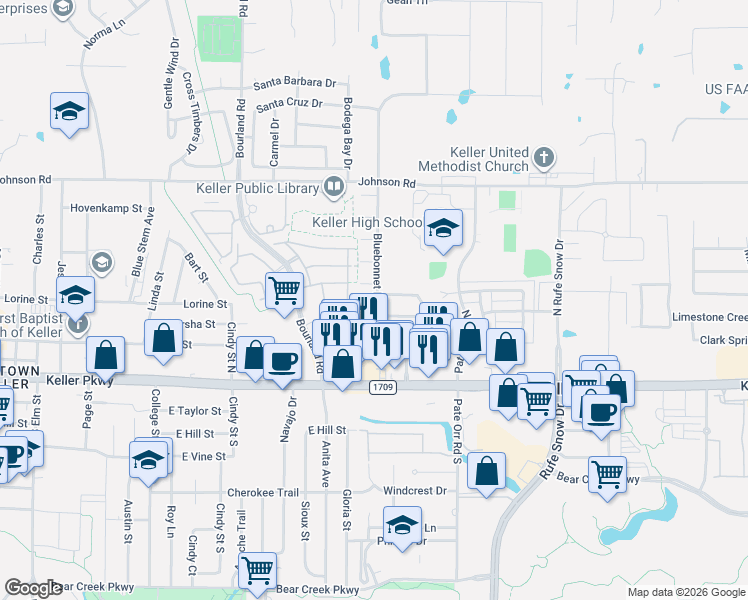 map of restaurants, bars, coffee shops, grocery stores, and more near 692 Lantana Drive in Keller