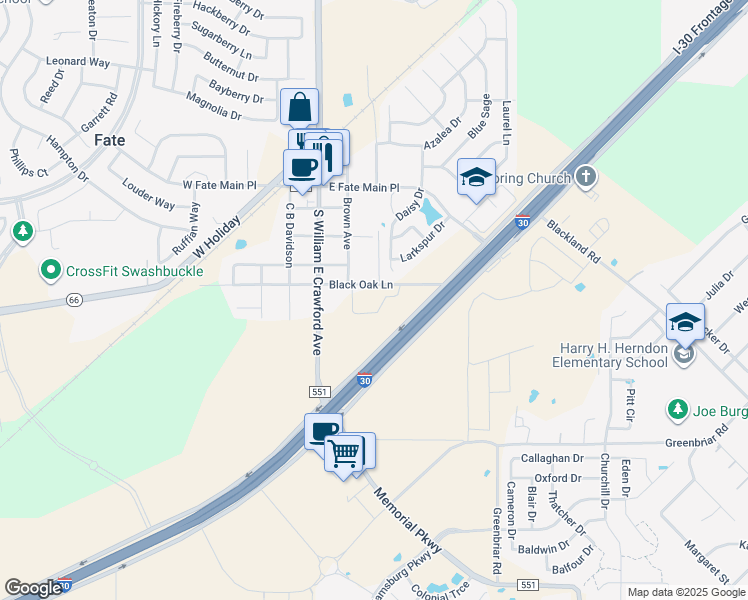 map of restaurants, bars, coffee shops, grocery stores, and more near 400 Brown Avenue in Rockwall