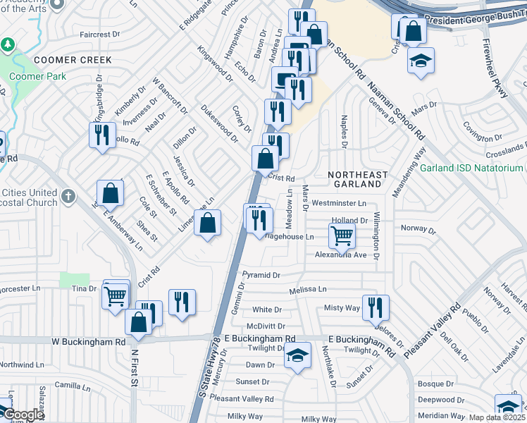 map of restaurants, bars, coffee shops, grocery stores, and more near 645 Carriagehouse Lane in Garland