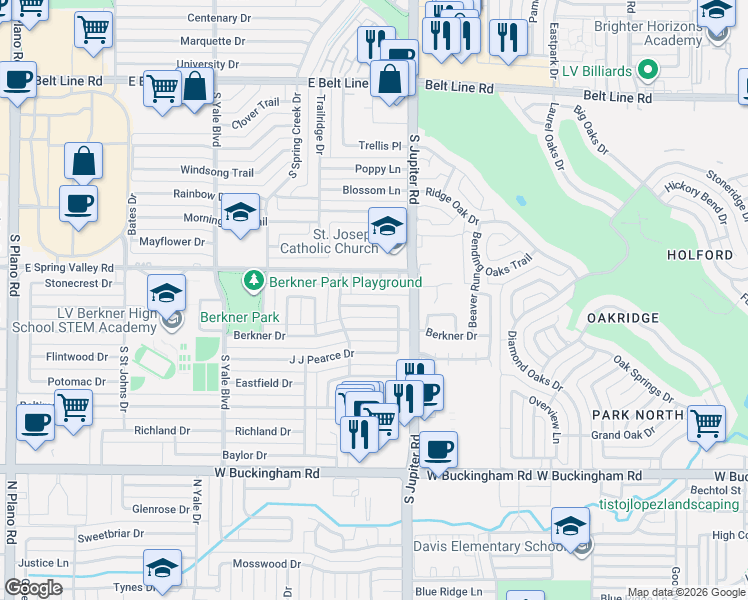 map of restaurants, bars, coffee shops, grocery stores, and more near 2104 Clearfield Circle in Richardson