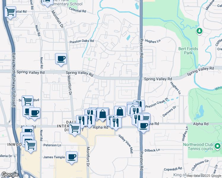 map of restaurants, bars, coffee shops, grocery stores, and more near 5704 Spring Valley Road in Dallas