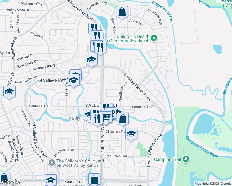 map of restaurants, bars, coffee shops, grocery stores, and more near 900 Silverstone Lane in Irving
