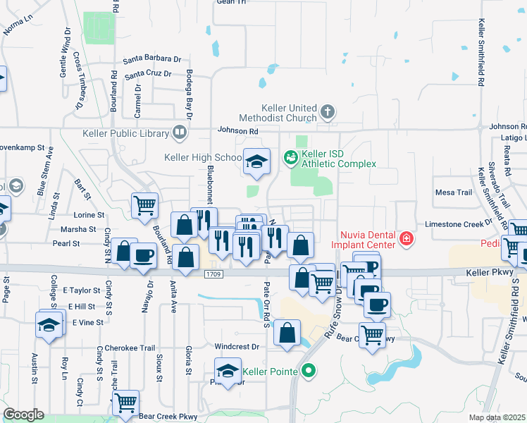 map of restaurants, bars, coffee shops, grocery stores, and more near 209 Meadowbrook Lane in Keller