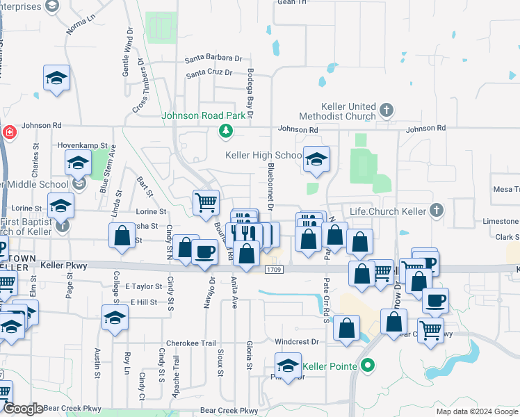 map of restaurants, bars, coffee shops, grocery stores, and more near 691 Lantana Drive in Keller
