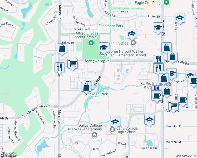 map of restaurants, bars, coffee shops, grocery stores, and more near 3990 Vitruvian Way in Addison