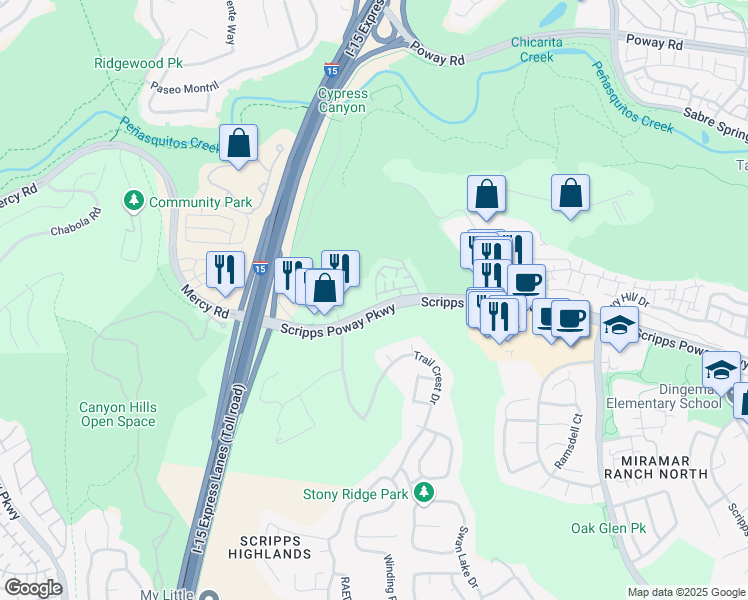 map of restaurants, bars, coffee shops, grocery stores, and more near 10326 Scripps Poway Parkway in San Diego