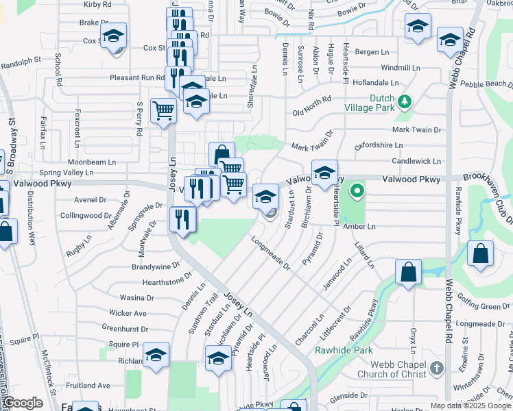 map of restaurants, bars, coffee shops, grocery stores, and more near 14067 Dennis Lane in Farmers Branch