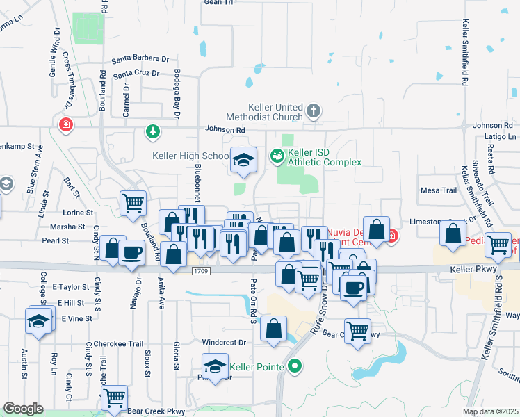 map of restaurants, bars, coffee shops, grocery stores, and more near 900 Meadow Circle North in Keller