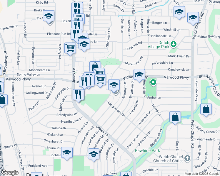 map of restaurants, bars, coffee shops, grocery stores, and more near 14067 Dennis Lane in Farmers Branch