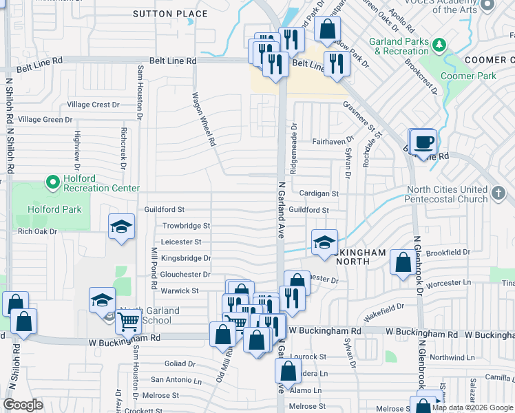 map of restaurants, bars, coffee shops, grocery stores, and more near 1416 Guildford Street in Garland
