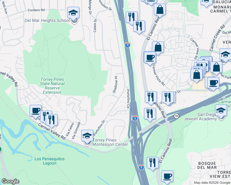 map of restaurants, bars, coffee shops, grocery stores, and more near 13019 Long Boat Way in Del Mar