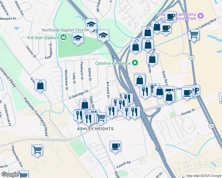map of restaurants, bars, coffee shops, grocery stores, and more near 7477 Northside Drive in North Charleston