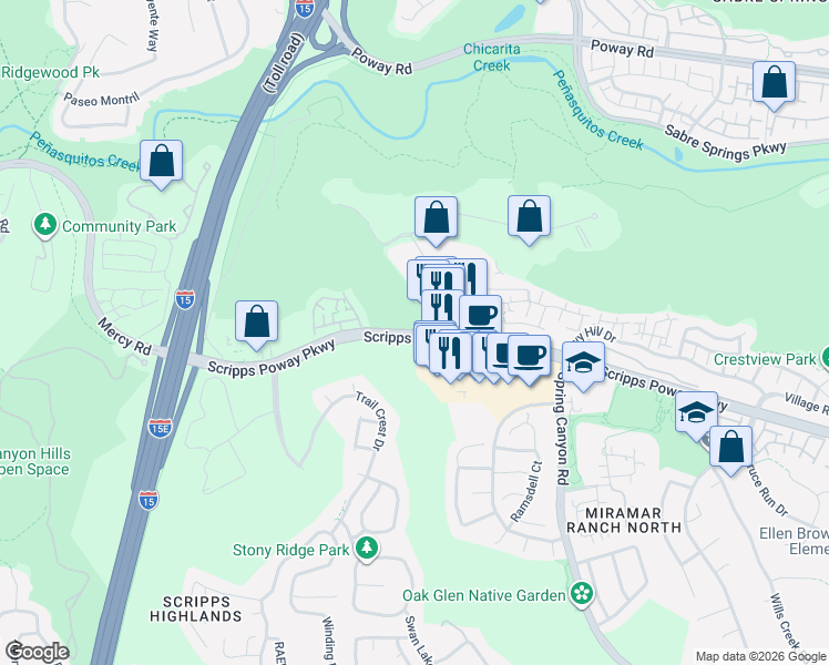 map of restaurants, bars, coffee shops, grocery stores, and more near 10539 Scripps Poway Parkway in San Diego