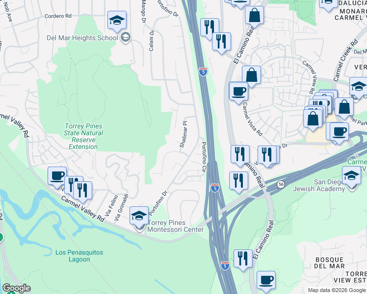 map of restaurants, bars, coffee shops, grocery stores, and more near 13019 Long Boat Way in Del Mar