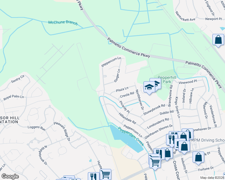 map of restaurants, bars, coffee shops, grocery stores, and more near 7727 Picardy Place in North Charleston