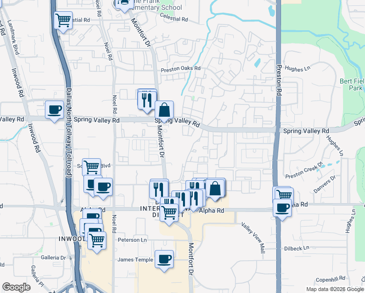 map of restaurants, bars, coffee shops, grocery stores, and more near 5616 Spring Valley Road in Dallas